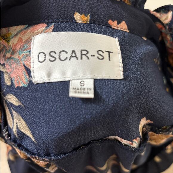 Oscar-ST Woman's Floral Ruffle Navy Button Down Sleeveless Mini Dress Small - Picture 4 of 5